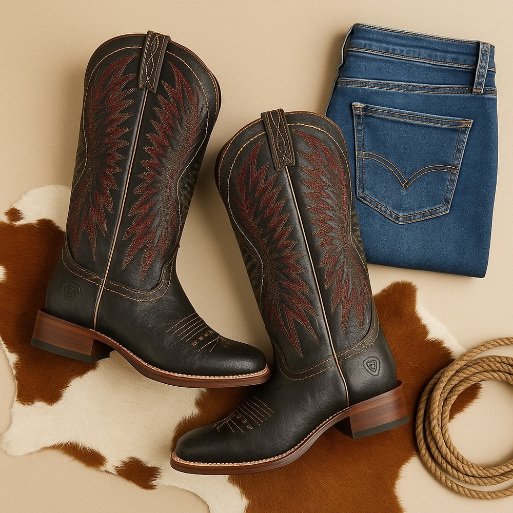 Ariat Vaquera Western Boots 8B Black Red Stitch Square Toe Cowgirl Ranch Core 🤠 - Picture 10 of 10